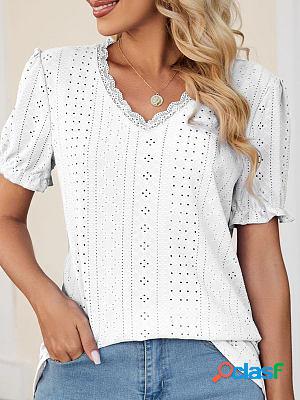 V-neck Casual Loose Solid Color Hollow Short-sleeved Blouse