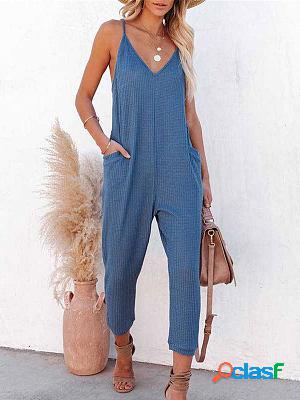 V-neck Casual Loose Solid Color Jumpsuit