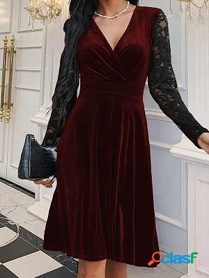 V-neck Casual Loose Solid Color Lace Panel Long Sleeve Midi