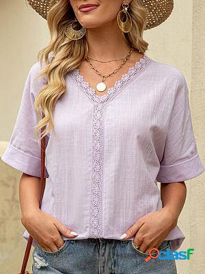 V-neck Casual Loose Solid Color Lace Stitching Short-sleeved