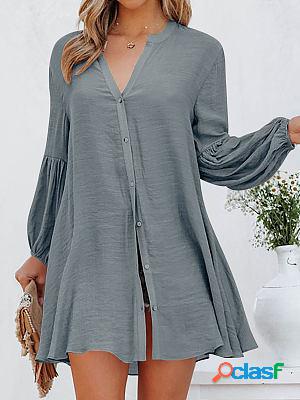 V-neck Casual Loose Solid Color Long Sleeve Short Dress