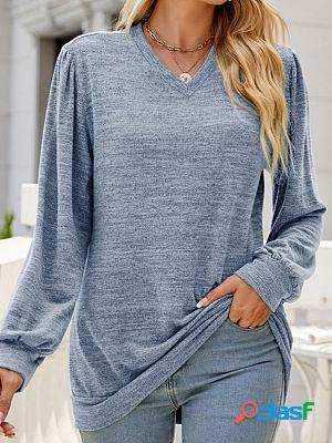 V-neck Casual Loose Solid Color Long Sleeve T-shirt