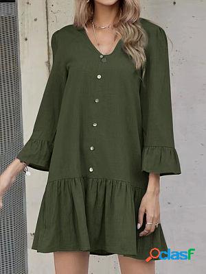 V-neck Casual Loose Solid Color Long-sleeved Short Dress