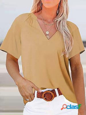 V-neck Casual Loose Solid Color Short-sleeved T-shirt