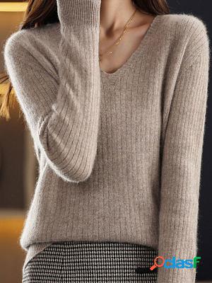 V-neck Casual Loose Solid Color Sweater Pullover