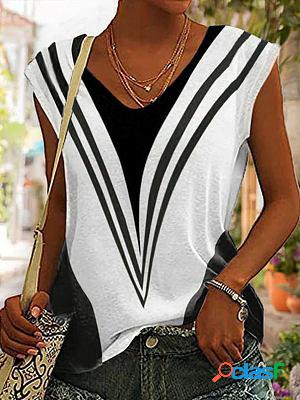 V-neck Casual Loose Stripe Print Short-sleeved T-shirt