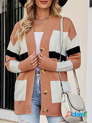 V-neck Casual Loose Striped Panel Knit Cardigan