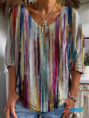 V-neck Casual Loose Striped Print Long Sleeve T-shirt