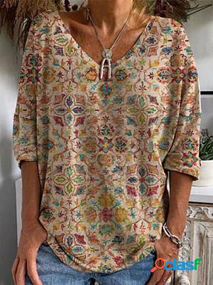 V-neck Casual Loose Vintage Ethnic Print Long Sleeve T-shirt