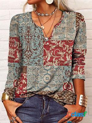 V-neck Casual Loose Vintage Print Long Sleeve T-shirt