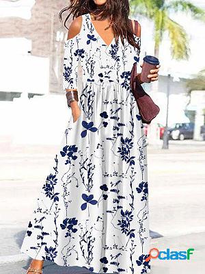 V-neck Cutout Casual Loose Floral Print Long Sleeve Maxi