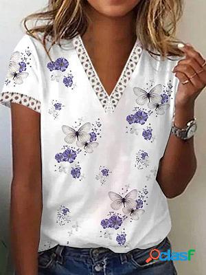 V-neck Cutout Loose Casual Floral Print Short Sleeve T-shirt
