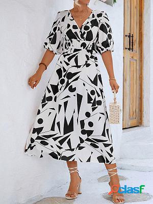 V-neck Fashion Print Puff Sleeve Long Maxi Dresses