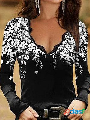 V-neck Lace Patchwork Print Casual Long Sleeve T-shirt