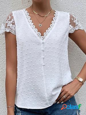 V-neck Lace Stitching Casual Loose Solid Color Short-sleeved