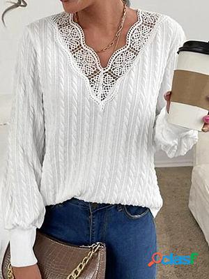 V-neck Lace Stitching Casual Loose Sweater Pullover