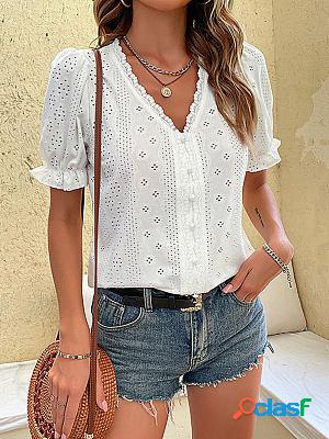 V-neck Lace White Cutout Commuter Pullover Short sleeve