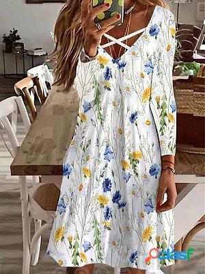 V-neck Long Sleeve Print Shift Dresses
