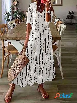 V-neck Loose Casual Floral Print Vacation Short Sleeve Maxi