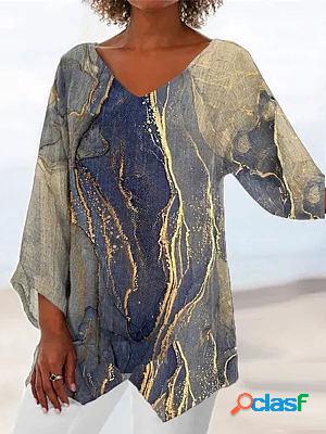 V-neck Loose Casual Foil Print Long Sleeve Blouse