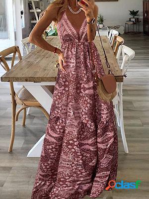 V-neck Loose Casual Paisley Print Holiday Sleeveless Maxi