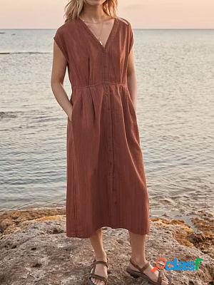 V-neck Loose Casual Solid Color Beach Short Sleeve Midi