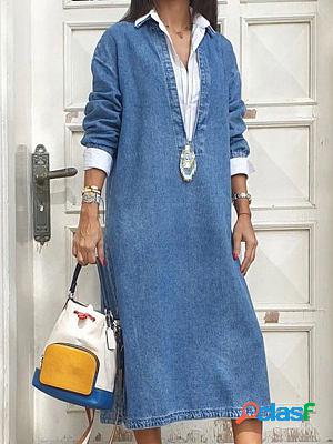 V-neck Loose Casual Solid Color Denim Long-sleeved Midi