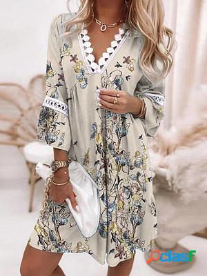V-neck Loose Long-sleeve Printed Dress
