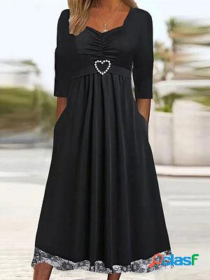 V-neck Loose Solid Color Mid-sleeve Midi Dress