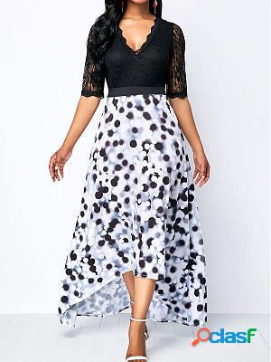 V-neck Polka-dot Print Lace Panel Irregular Waist Skater