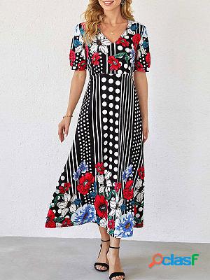 V-neck Positioning Print Short-sleeved Lengthened Loose Maxi