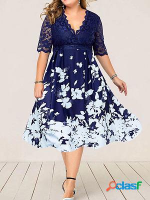 V-neck Printed Lace Panel Skater Dresses