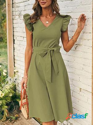 V-neck Ruffle Sleeve Mid-length Short-sleeved Skater Dresses