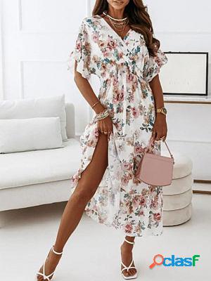 V-neck Short-sleeve Elastic Waist Floral Maxi Dresses