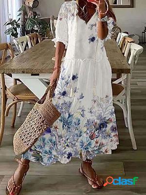 V-neck Short-sleeve Loose Ruffled Lace Multi-layered Maxi