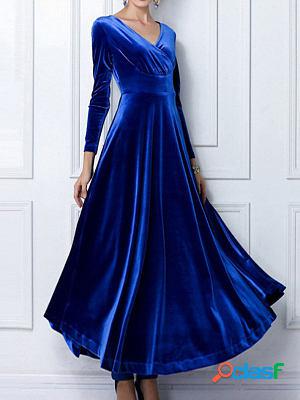 V-neck Solid Gold Velvet Party Long Sleeve Maxi Dress