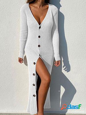 V-neck Solid Single-breasted Wool Knit Long Sleeve Maxi