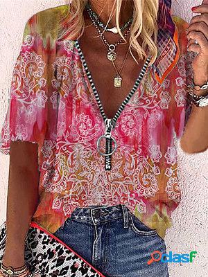 V-neck Zip Ethnic Print Short Sleeve Blouse