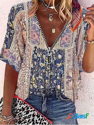 V-neck Zip-up Loose Casual Floral Print Short Sleeve Blouse