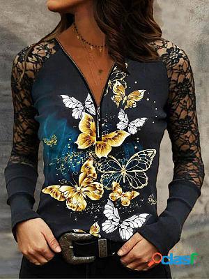 V-neck Zipper Casual Loose Butterfly Long Sleeve T-shirt