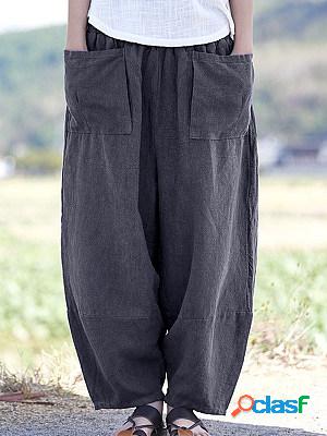 Vintage Casual Solid Color Pocket Straight Pants