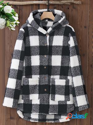 Vintage Check Long Sleeve Pocket Hooded Coat