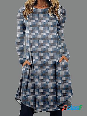 Vintage Ladies Printed Long Sleeve Crew Neck Short Dresses