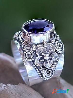 Vintage Personality Amethyst Ring Thai Silver Flower Ring