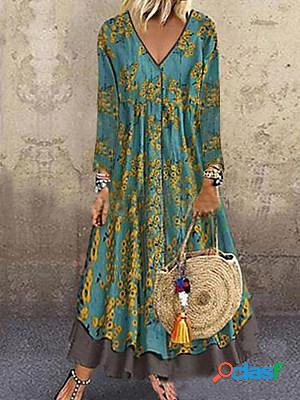 Vintage Print V-neck Three-quarter Sleeve Dress