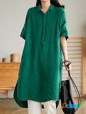 Vintage Solid Color Half Sleeve Cotton And Linen Dress