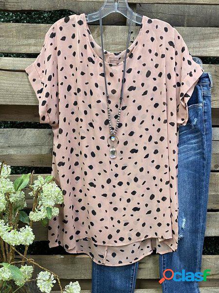 Vintage a Pois Stampato Maniche Corte Girocollo Casuale Top