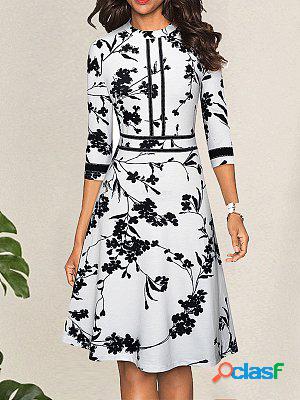 Waist Slim Three-quarter Sleeve A-line Skirt Midi Dress