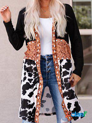 Western Denim Patchwork Knitted Midi Printed Coat