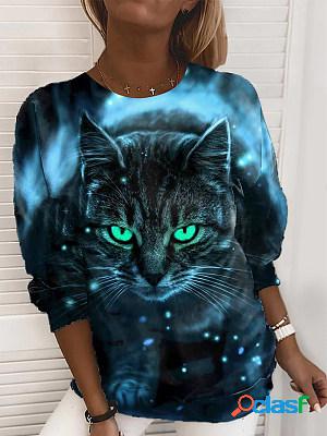 Women Casual Cat Printed Long Sleeves Crew Neck T-shirt